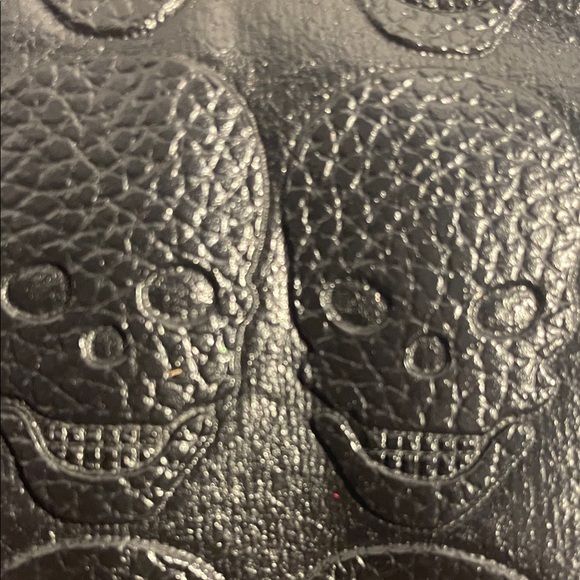 SKULLS- Faux Leather Embossed Skull Black Textured Bucket Bag with Chain Handles - Picture 14 of 16